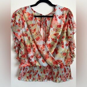 Willow + Root Women's Floral Chiffon Flutter Sleeve V-neck Blouse Size XL